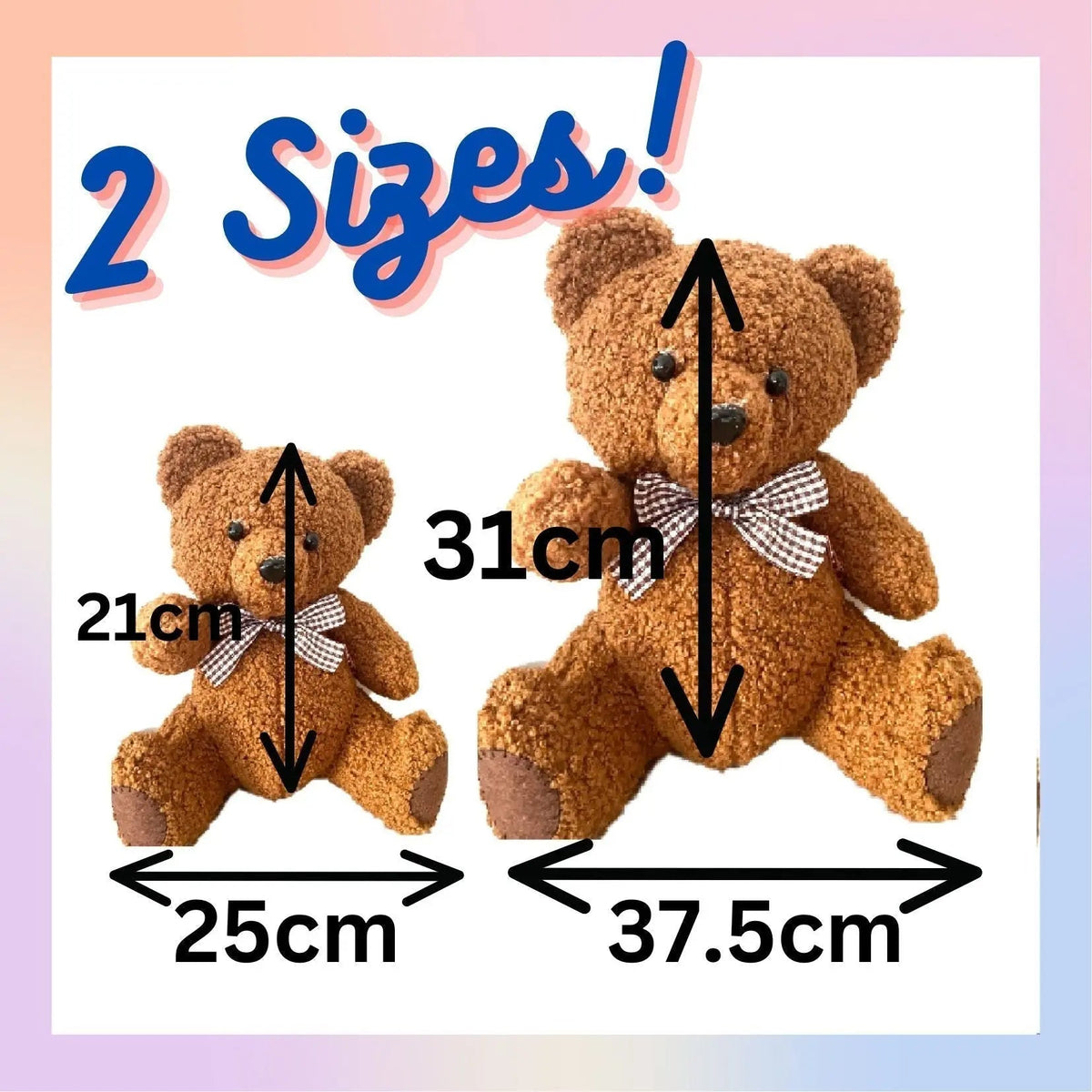 Two sewn teddy bears shown with size comparison labels
