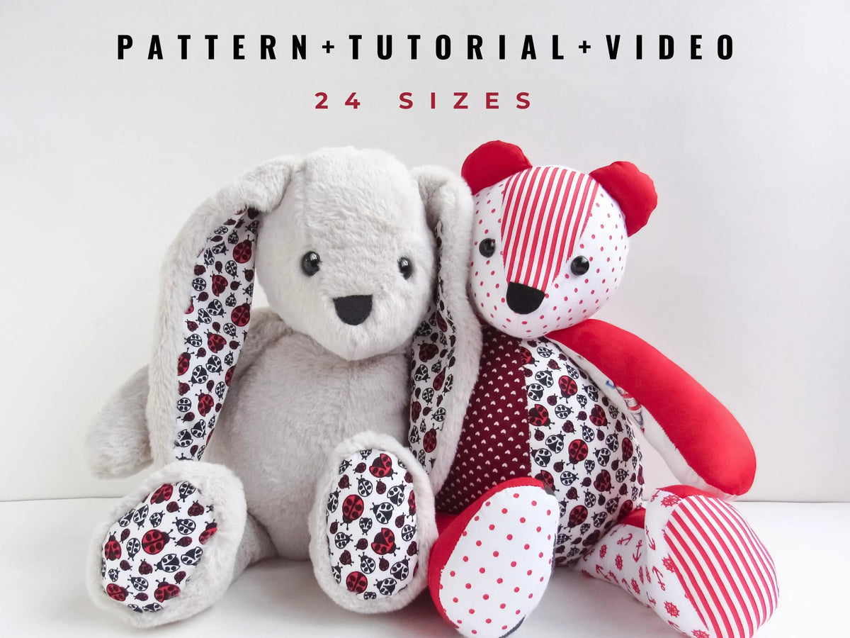 Memory bear and bunny PDF sewing pattern cover with size information