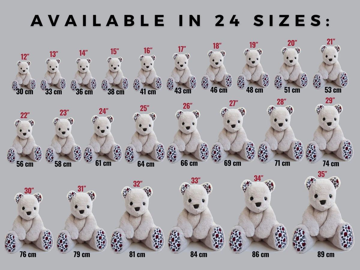 Memory bear and bunny sewing size chart