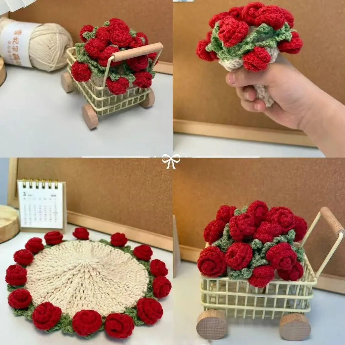 Rose coaster displayed with a miniature basket and yarn