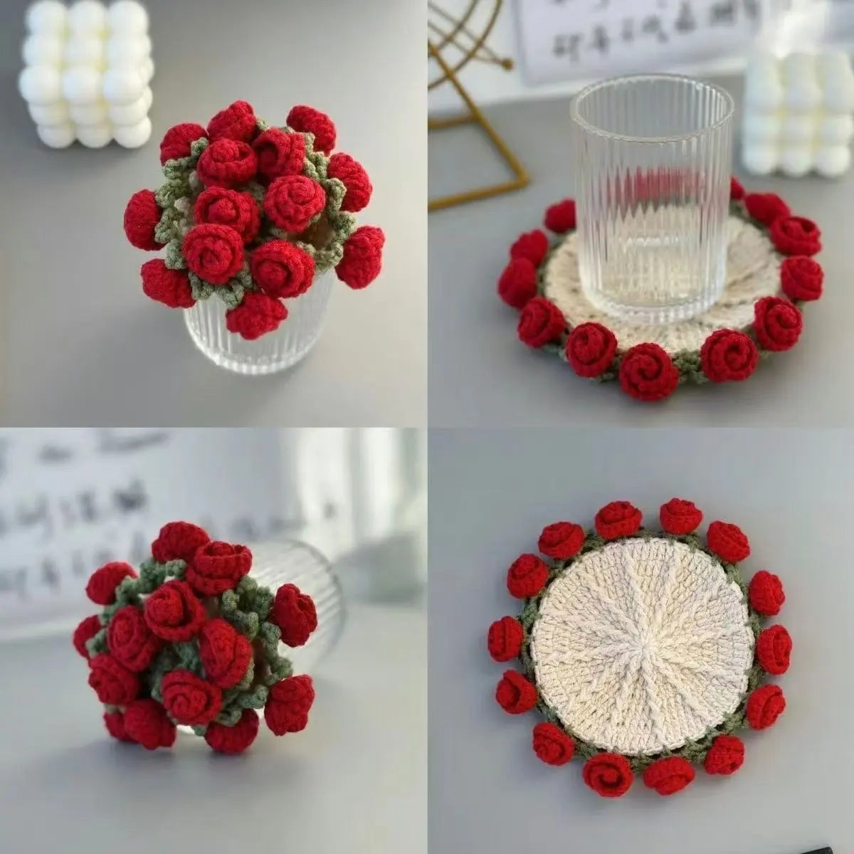 Rose crochet coaster shown flat and gathered into a flower shape