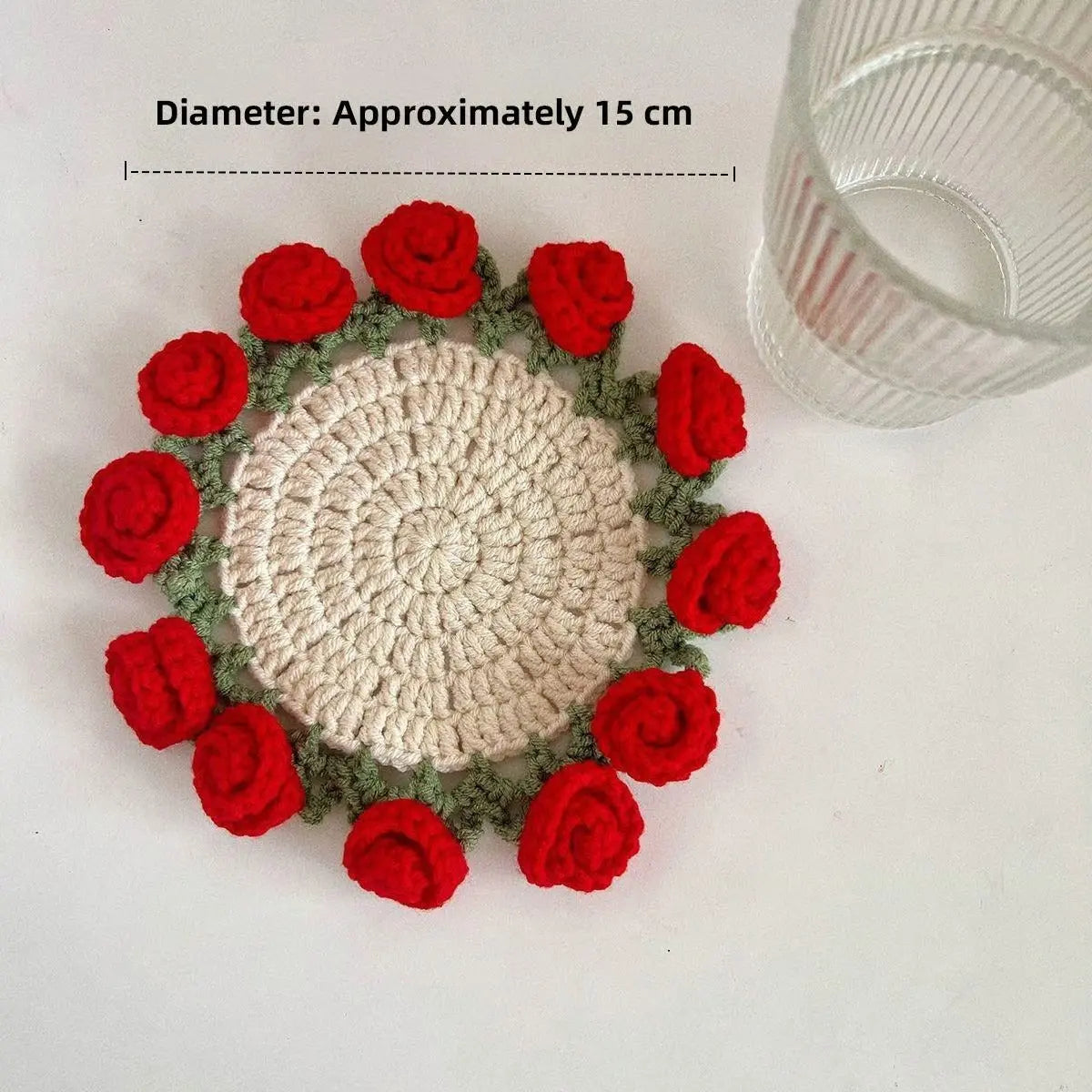 Rose crochet coaster with an illustrated diameter measurement