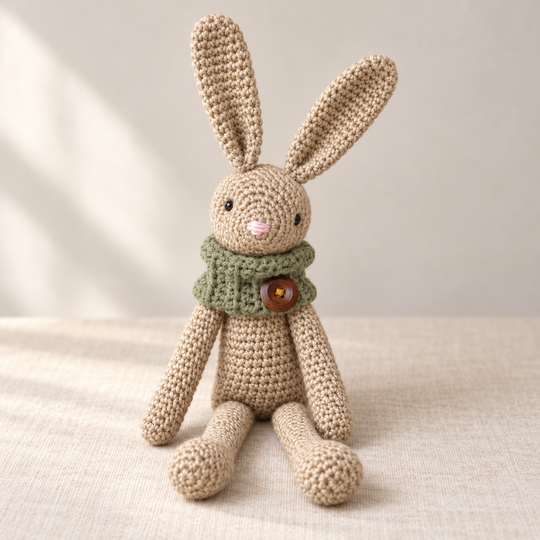 Front view of an oatmeal crochet bunny seated on cream linen, with long ears and limbs, a pink nose, dark eyes, and a sage cowl with a brown button.