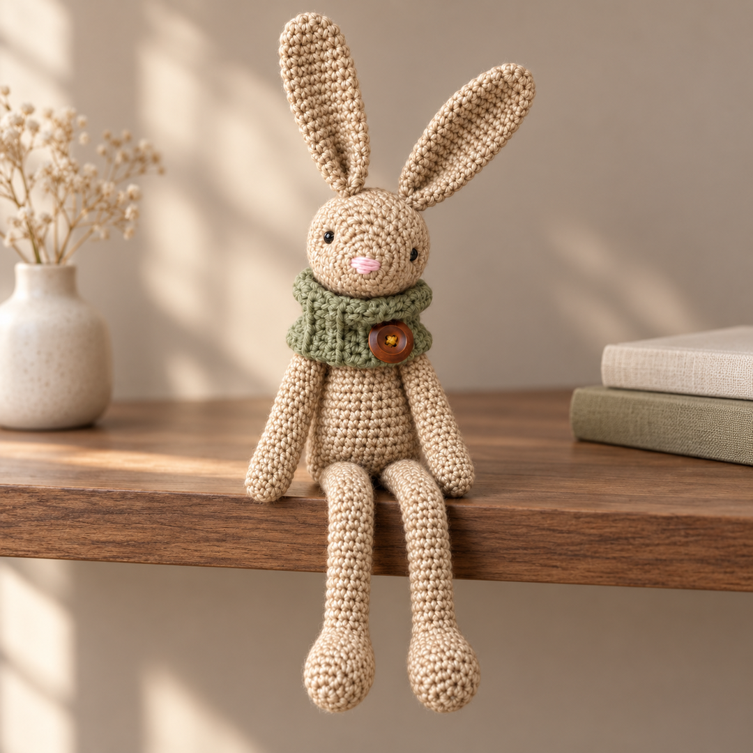 Oatmeal crochet bunny with a sage buttoned cowl sitting on a wooden shelf, its long legs hanging beside a vase of dried flowers and stacked books.