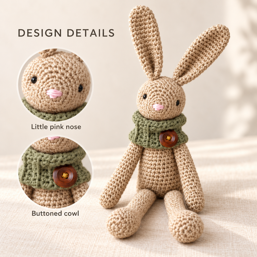 Design Details layout with the complete oatmeal crochet bunny and close views labeled Little pink nose and Buttoned cowl.