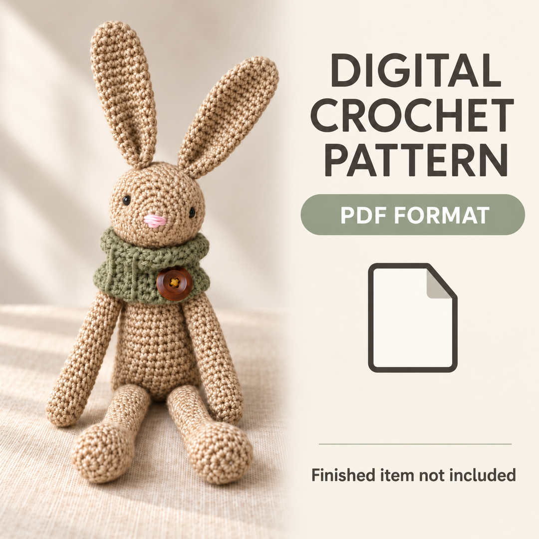 Long-eared oatmeal crochet bunny with a sage buttoned cowl beside a file icon, labeled Digital Crochet Pattern, PDF Format, and Finished item not included.