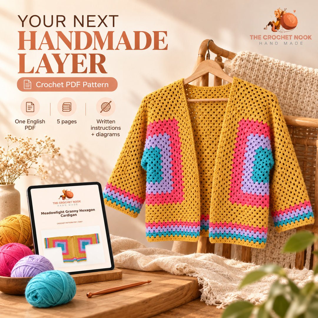 Meadowlight Granny Hexagon Cardigan — project and actual PDF pattern preview.