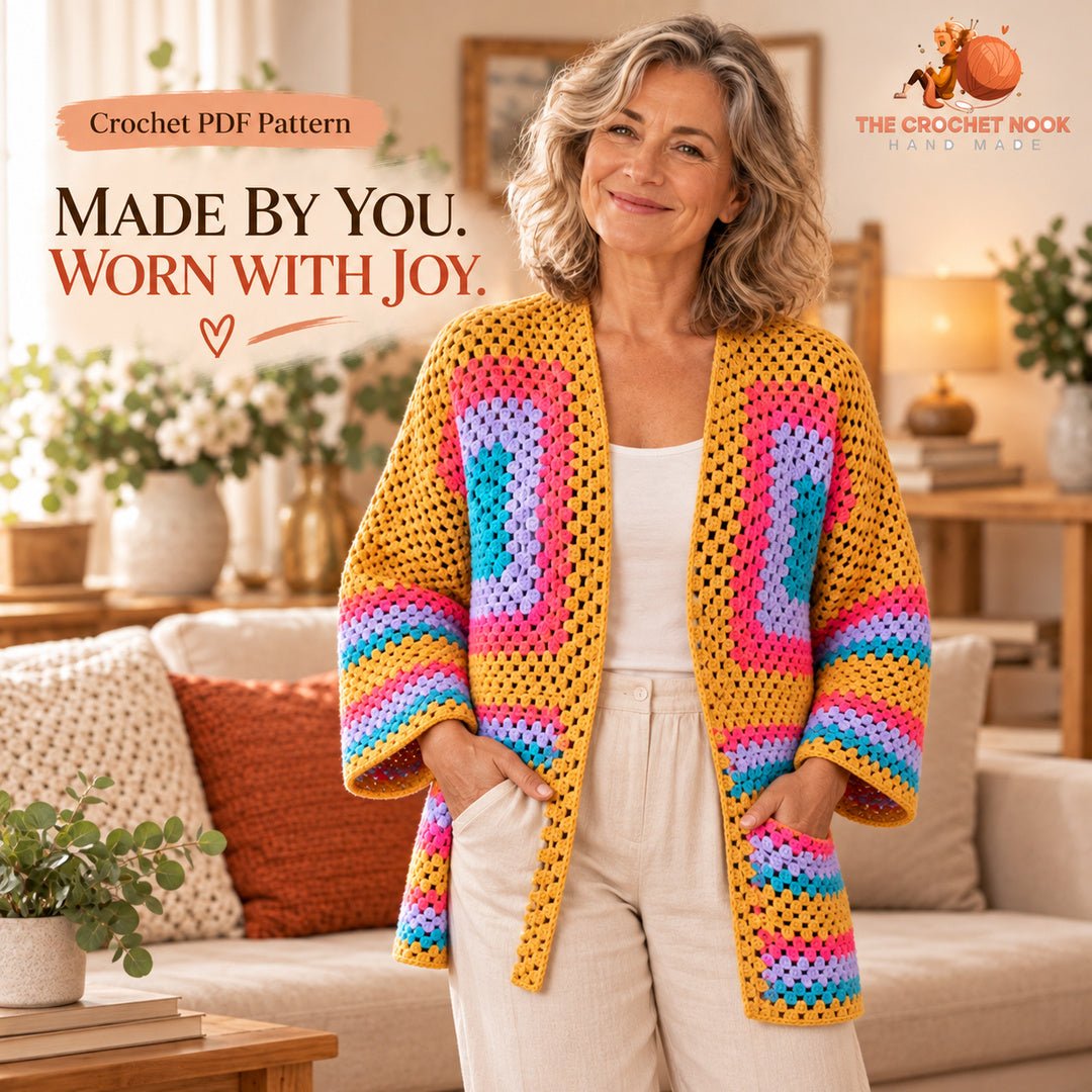 Meadowlight Granny Hexagon Cardigan — woman with the completed crochet design.