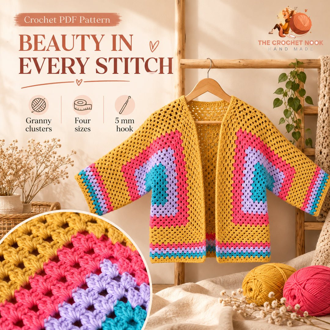 Meadowlight Granny Hexagon Cardigan — close-up of the crochet stitches.