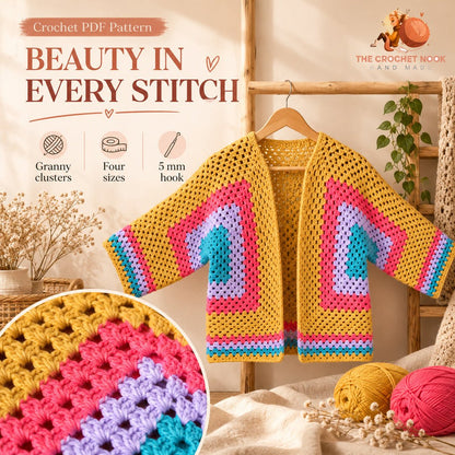 Meadowlight Granny Hexagon Cardigan — close-up of the crochet stitches.