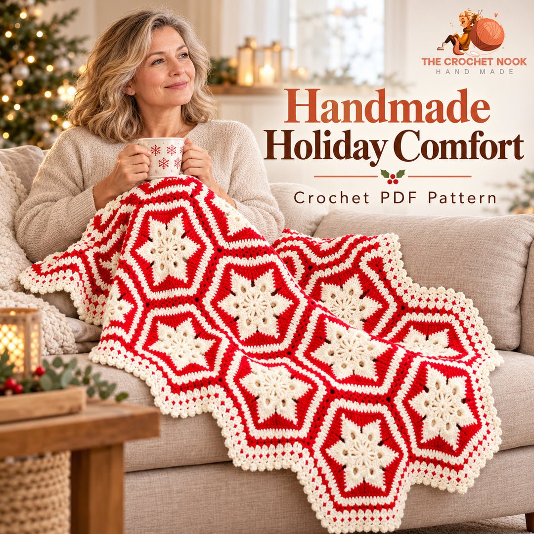 Nordic Snowflake Motif Blanket — woman with the completed crochet design.