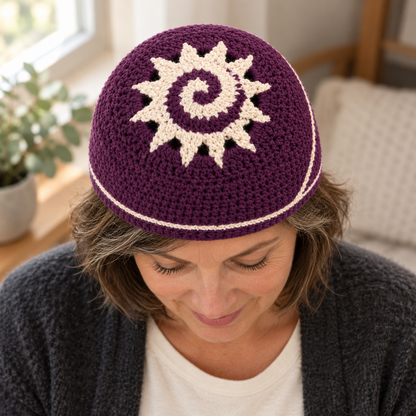 Elevated view of an adult woman looking down in a cream shirt and charcoal cardigan, wearing a plum beanie with an ivory spiral sun on the top crown.