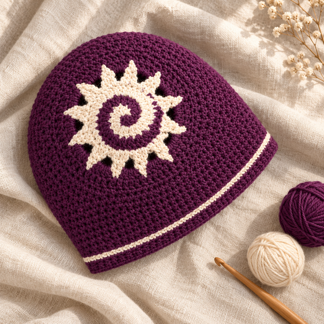 Plum-and-ivory spiral sun crochet beanie on cream linen beside matching yarn balls and a wooden crochet hook, with the full hat and edge stripe visible.