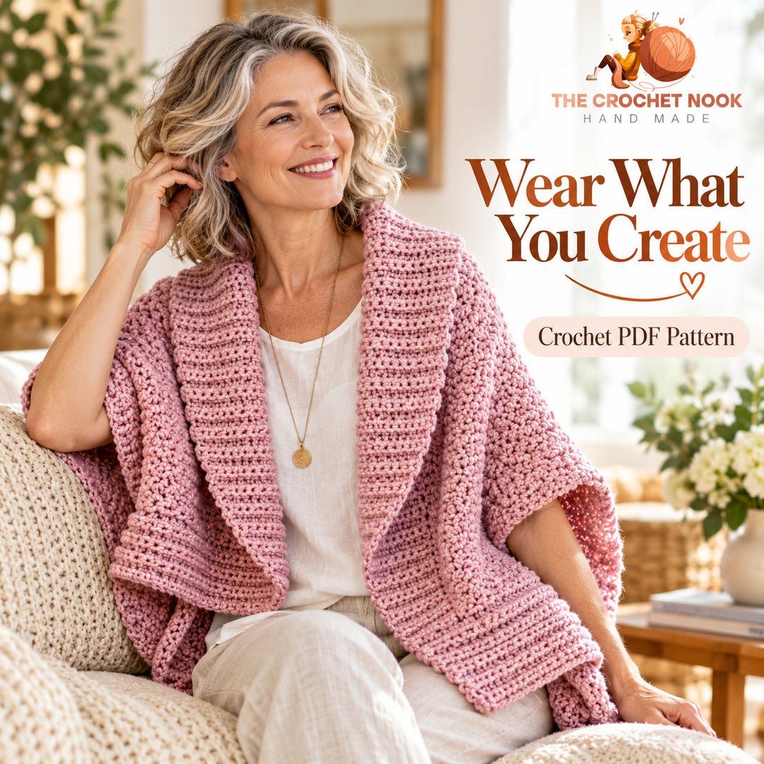 Woman wearing the relaxed Rosefold origami crochet cardigan with short capped arm openings.