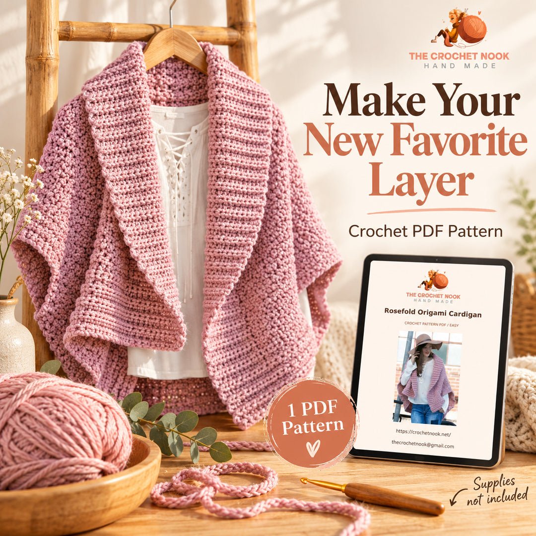 Rosefold cardigan and crochet supplies with a preview of its actual PDF pattern cover.