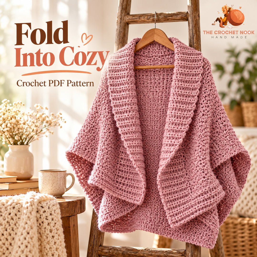 Rosefold folded crochet cardigan with an open front, broad shawl collar and ribbed edges.