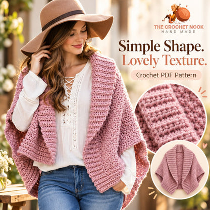 Close-up of the crochet fabric and back-loop ribbing in the Rosefold origami cardigan.