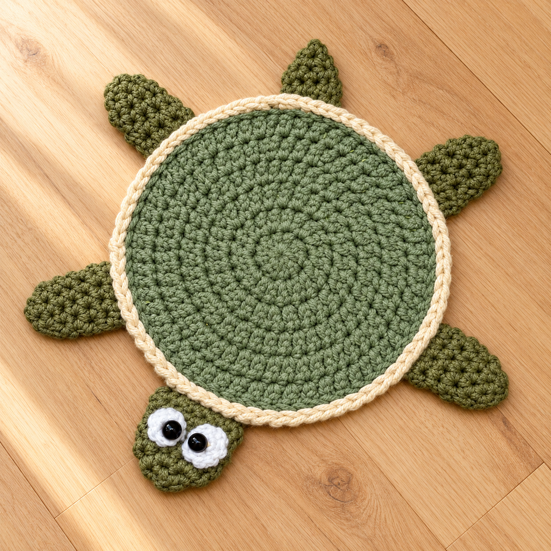 Overhead view of a flat sage crochet turtle on a wooden floor, with a cream shell border, four olive flippers, a tail, and white eyes with dark pupils.