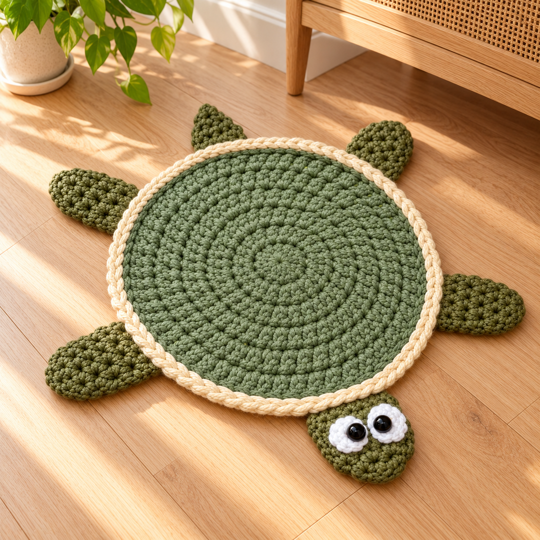 Sage-and-olive crochet floor turtle with cream edging beside a wooden cabinet and potted plant, lit by sunlight on a wooden floor.