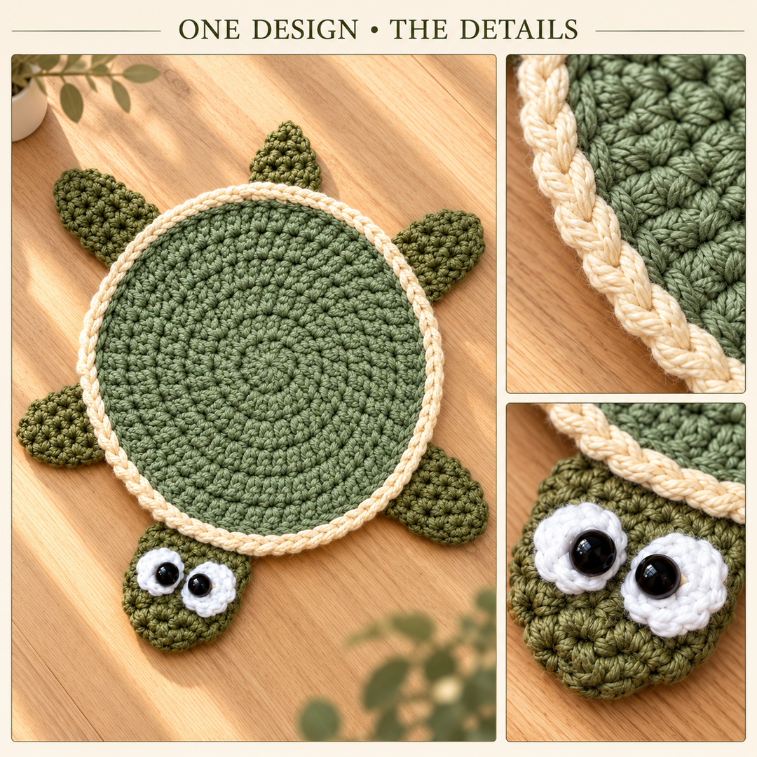 One Design, The Details layout showing the complete crochet turtle and close views of its cream shell border and white eyes with dark pupils.