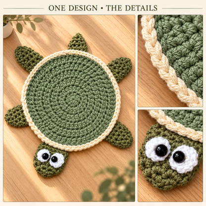 One Design, The Details layout showing the complete crochet turtle and close views of its cream shell border and white eyes with dark pupils.