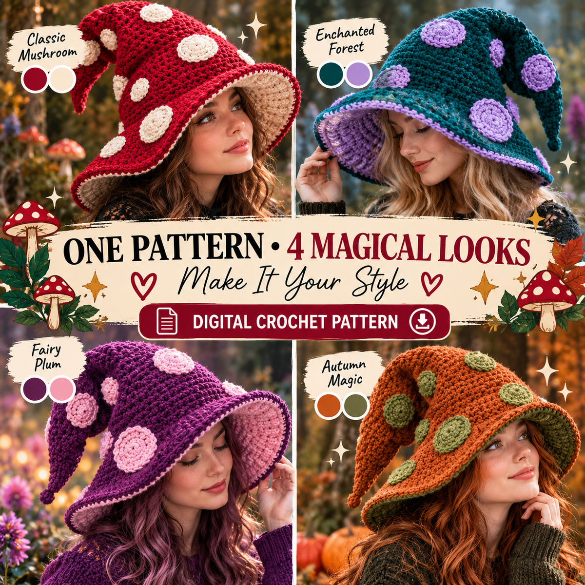 Slouchy mushroom witch hat crochet pattern with four color ideas red teal plum and orange