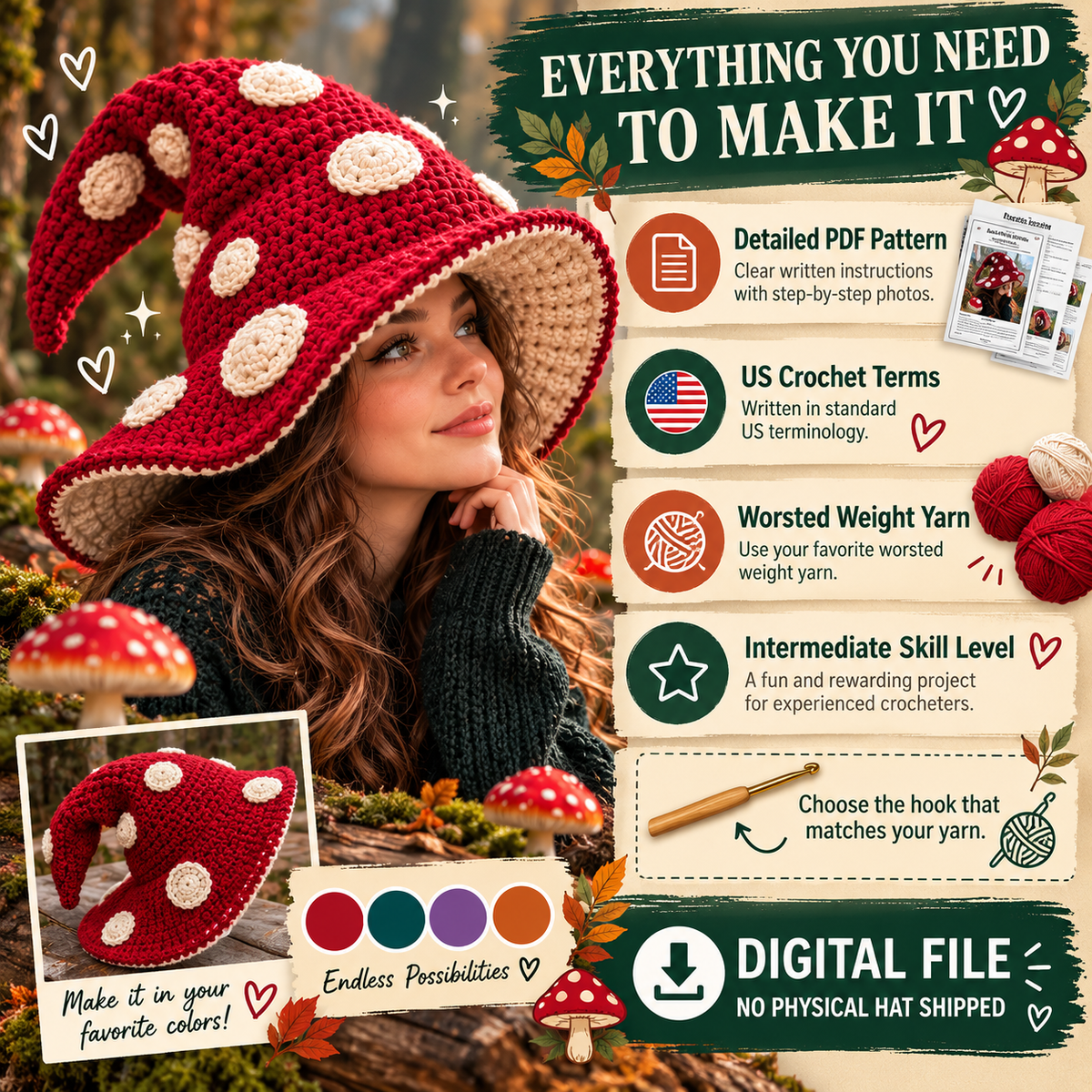Slouchy mushroom witch hat crochet pattern PDF with US terms worsted yarn and intermediate skill level