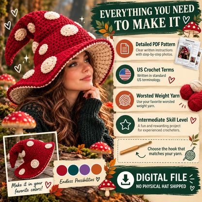 Slouchy mushroom witch hat crochet pattern PDF with US terms worsted yarn and intermediate skill level