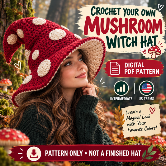 Slouchy mushroom witch hat crochet pattern digital PDF in red cream and forest green