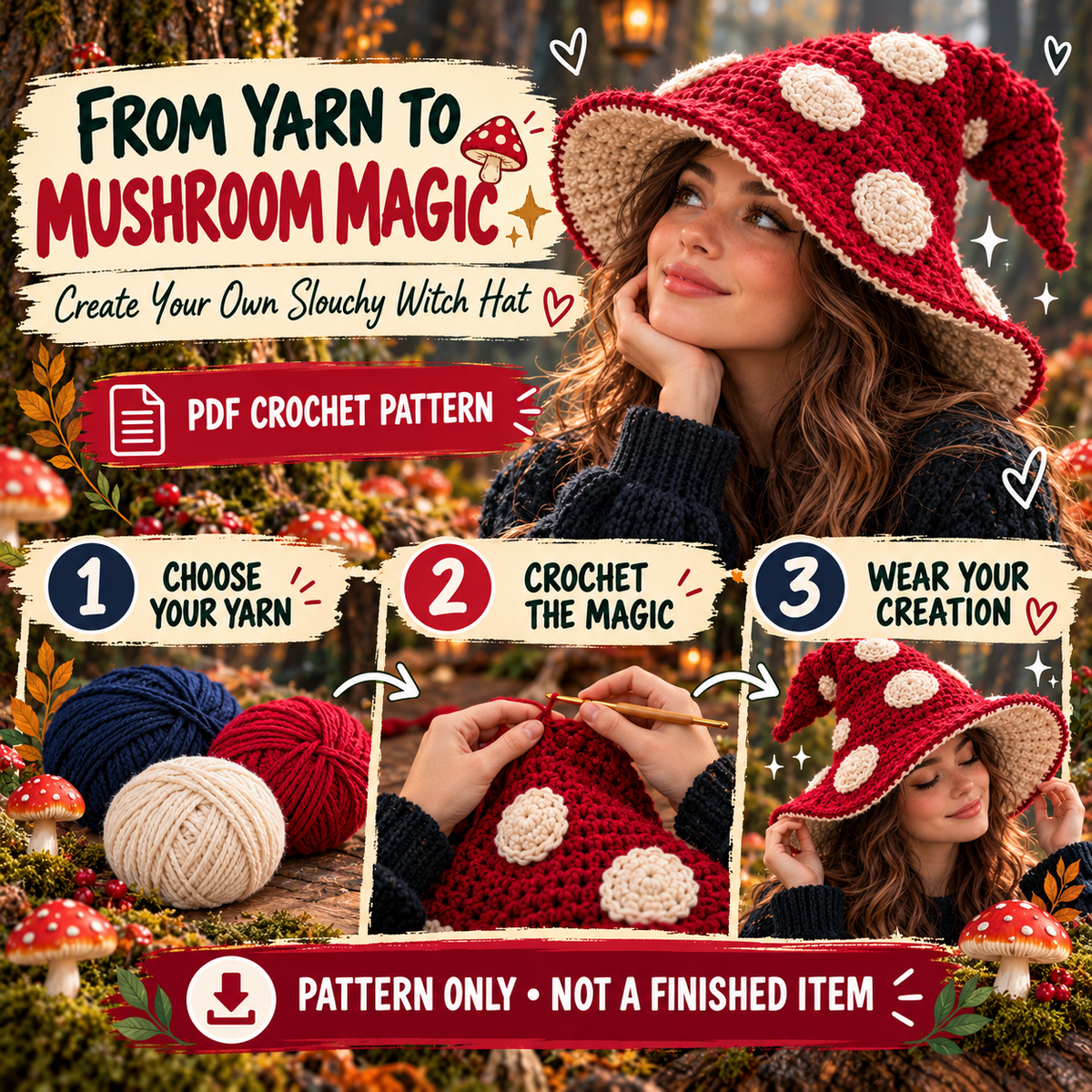 Slouchy mushroom witch hat crochet pattern from yarn to finished crochet hat digital download