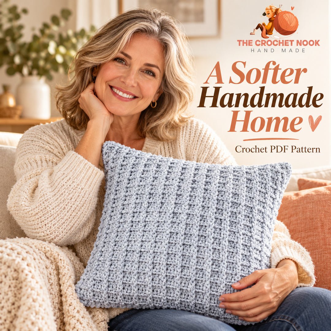 Softgrid Velvet Waffle Pillow — woman with the completed crochet design.