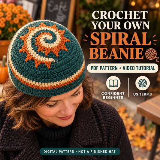 Spiral beanie crochet pattern in teal orange and cream with PDF pattern and video tutorial