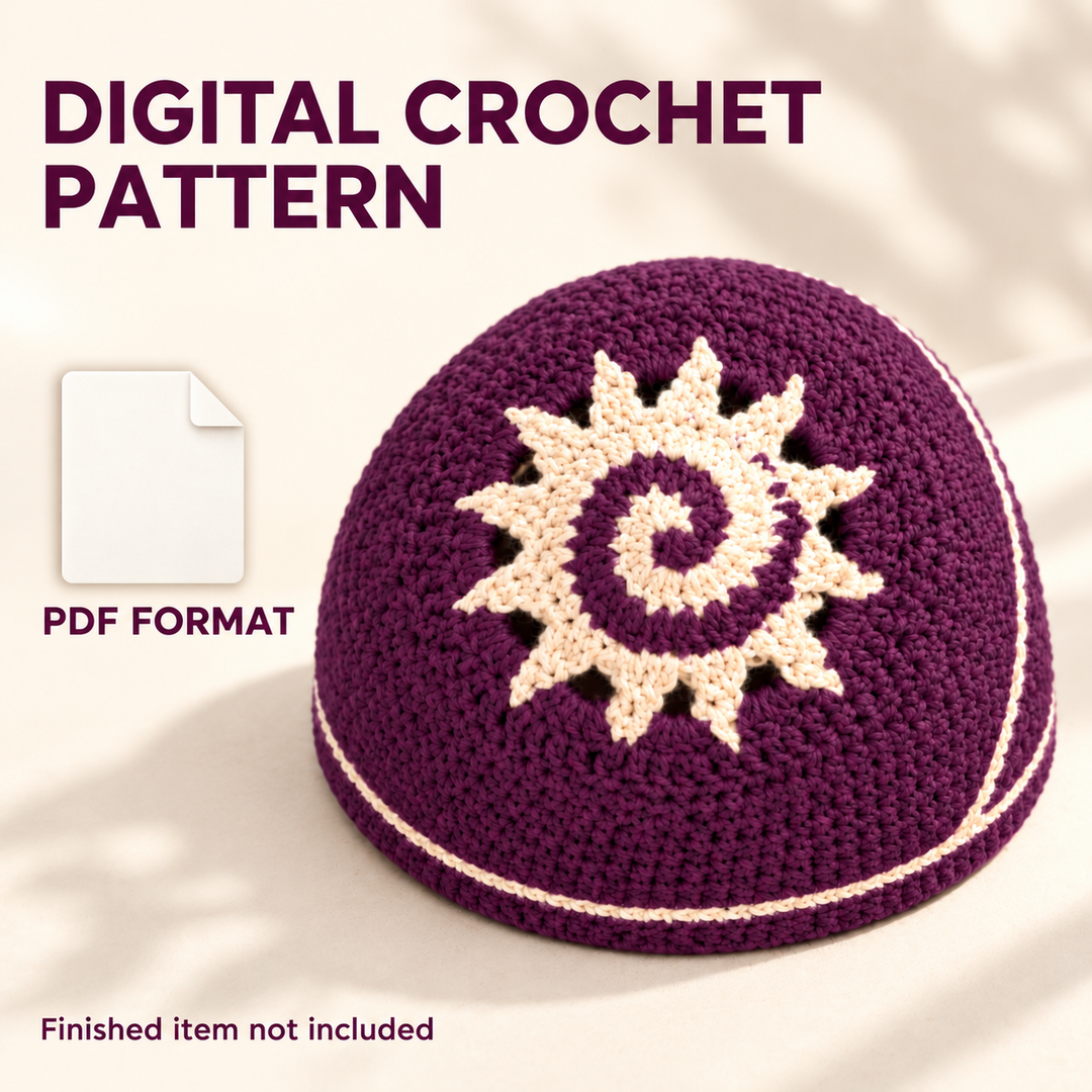 Plum crochet beanie with an ivory spiral sun and thin edge stripe beside a blank file icon, labeled Digital Crochet Pattern, PDF Format, and Finished item not included.