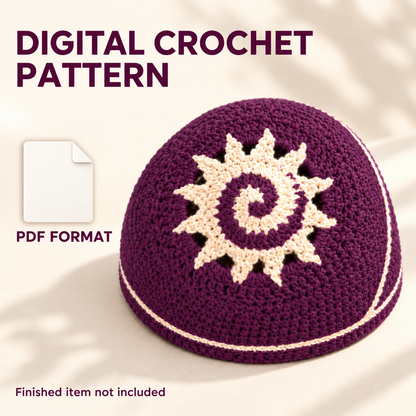 Plum crochet beanie with an ivory spiral sun and thin edge stripe beside a blank file icon, labeled Digital Crochet Pattern, PDF Format, and Finished item not included.
