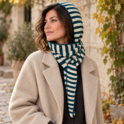 Three-quarter outdoor view of a woman wearing the teal-and-ivory striped crochet hood scarf and oatmeal coat beside a stone wall and autumn leaves.