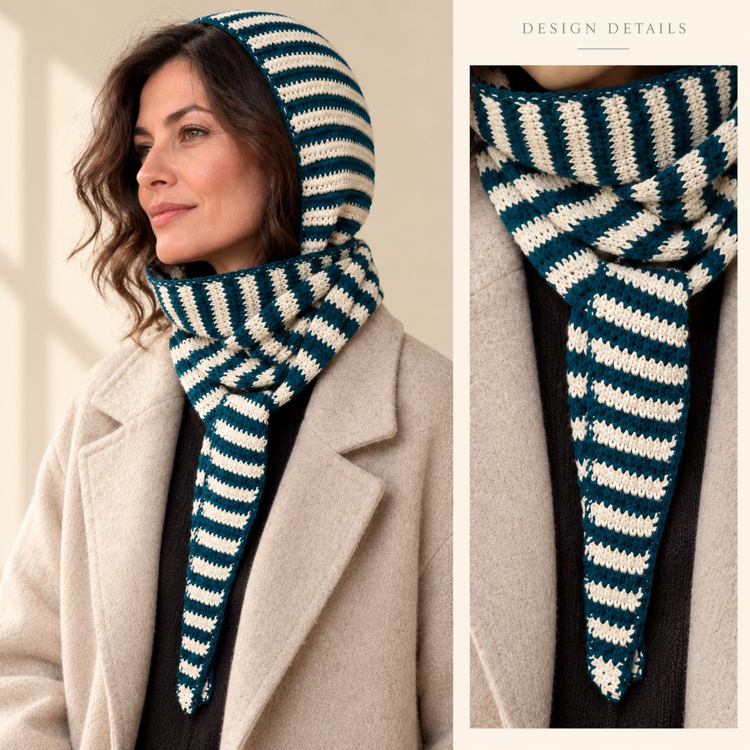 Design Details layout showing the striped crochet hood scarf worn, with a close view of the wrapped neckline and long pointed scarf end.