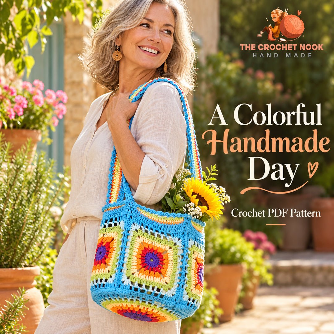 Sunburst Medallion Market Bag — woman with the completed crochet design.