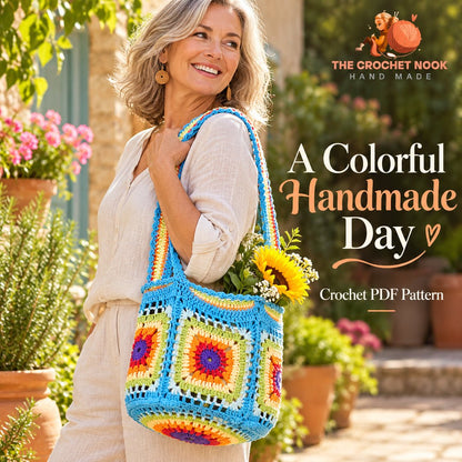 Sunburst Medallion Market Bag — woman with the completed crochet design.