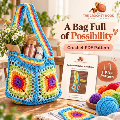 Sunburst Medallion Market Bag — project and actual PDF pattern preview.