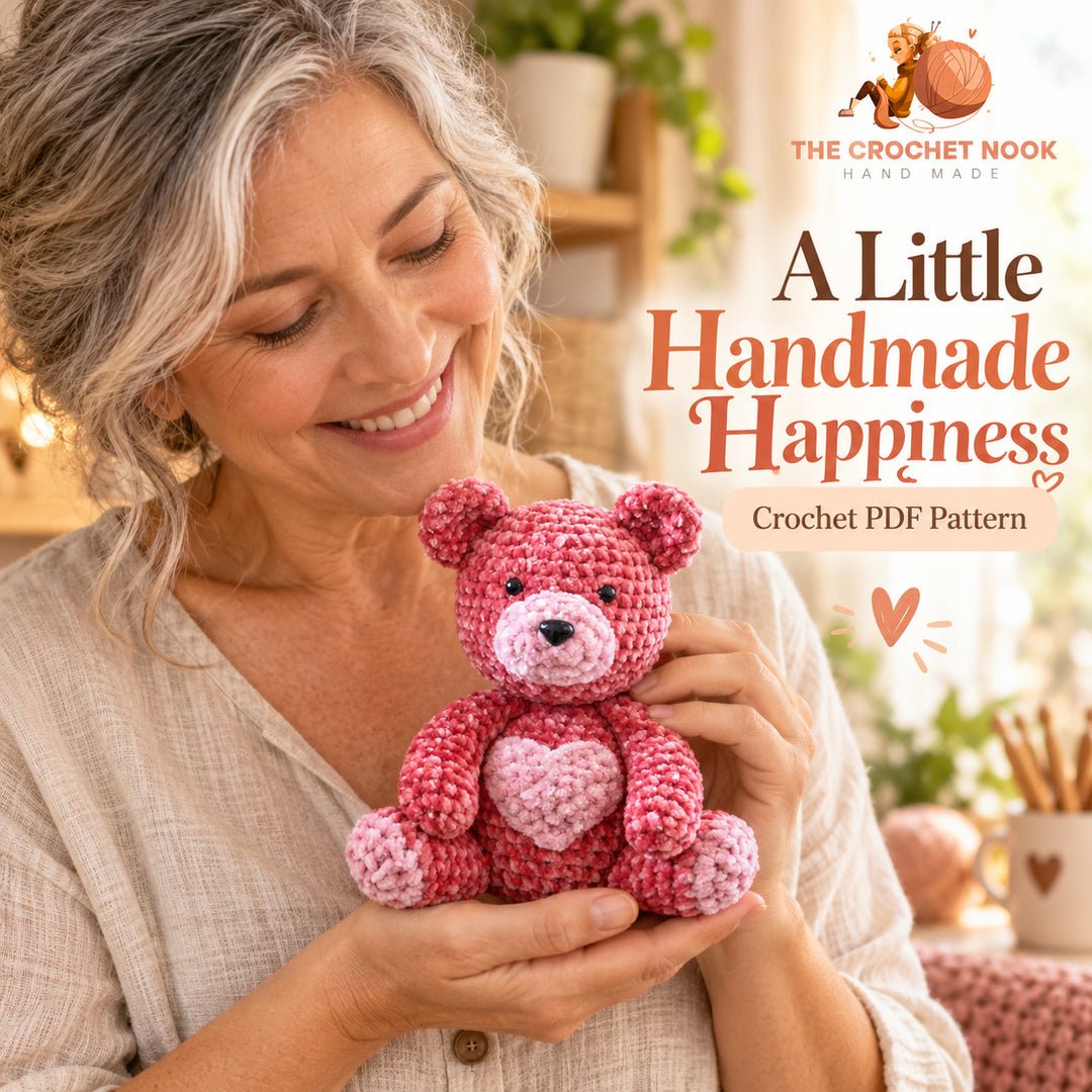 Sweetheart Velvet Teddy Bear — woman with the completed crochet design.