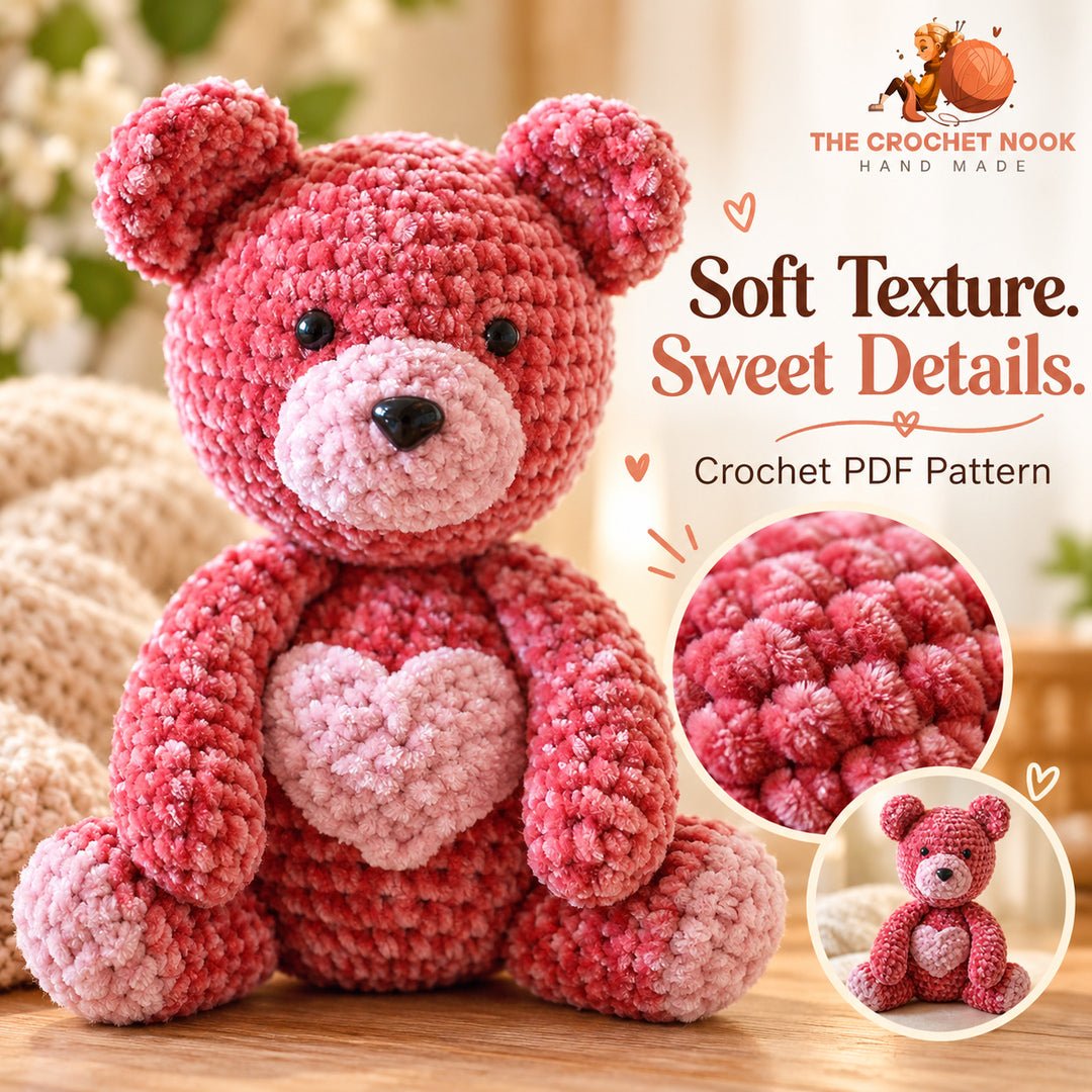 Sweetheart Velvet Teddy Bear — close-up of the crochet stitches.