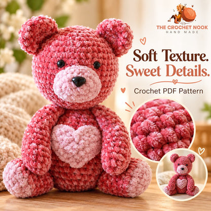 Sweetheart Velvet Teddy Bear — close-up of the crochet stitches.