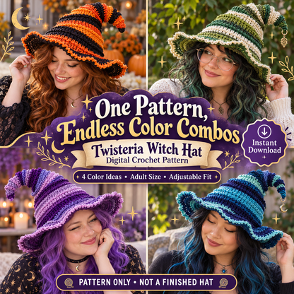 Twisteria crochet witch hat pattern color ideas in orange green purple and blue