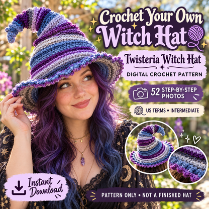 Twisteria witch hat crochet pattern digital PDF with purple striped crochet witch hat