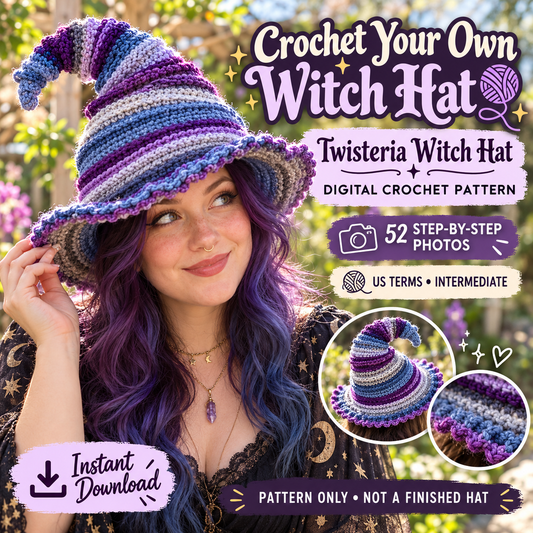 Twisteria witch hat crochet pattern digital PDF with purple striped crochet witch hat