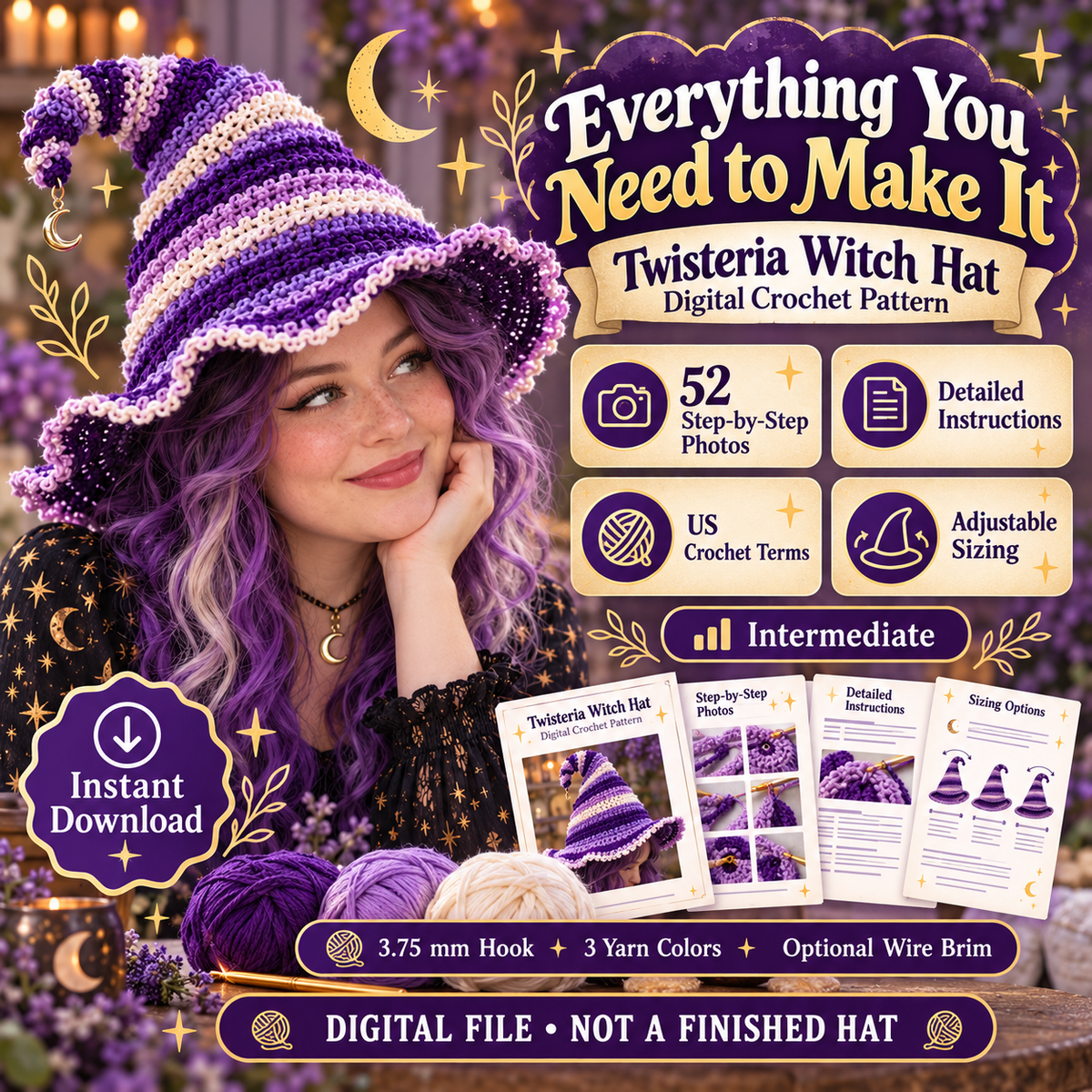 Twisteria witch hat crochet pattern with 52 step by step photos and adjustable sizing