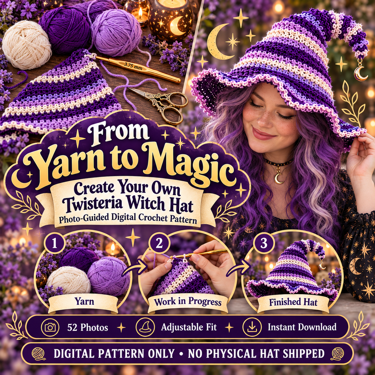 Twisteria witch hat crochet pattern from yarn to finished crochet witch hat digital download