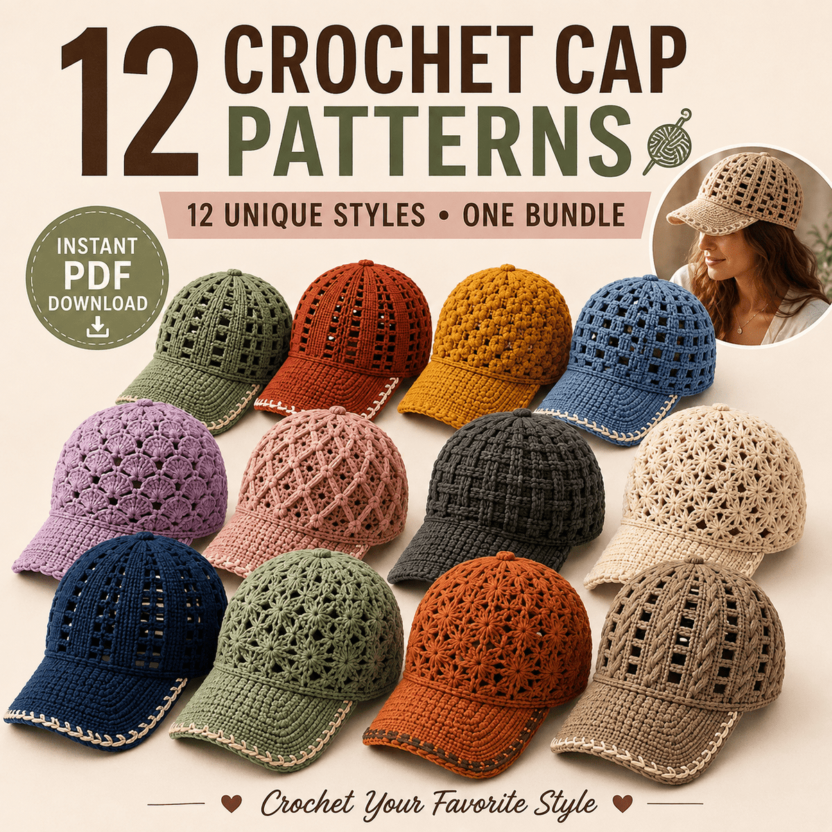 12 Crochet Cap Patterns Bundle – Summer Baseball Hats PDF - The Crochet Nook