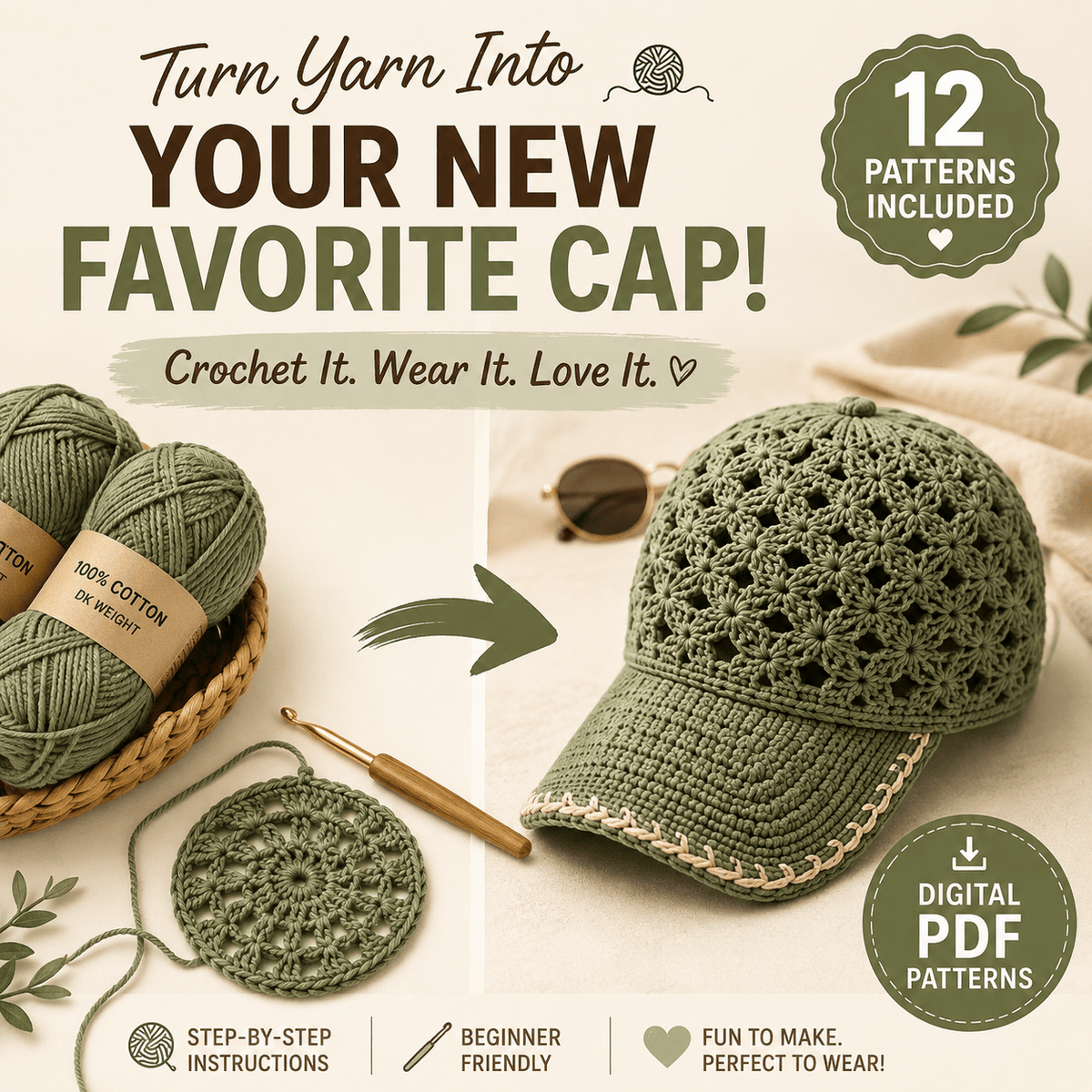 Crochet baseball cap pattern designs - 12 PDF patterns