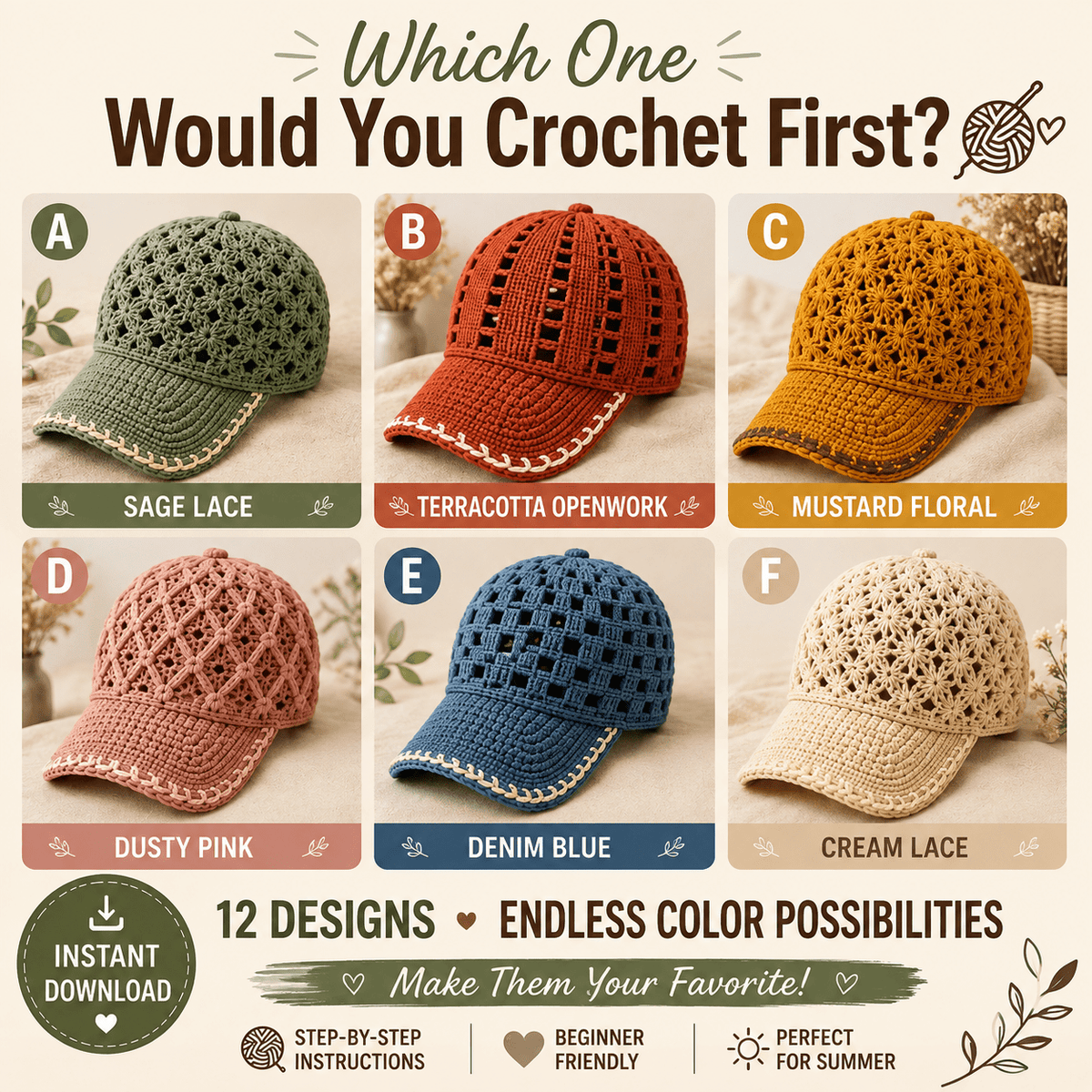 Crochet cap pattern bundle with textured crown designs